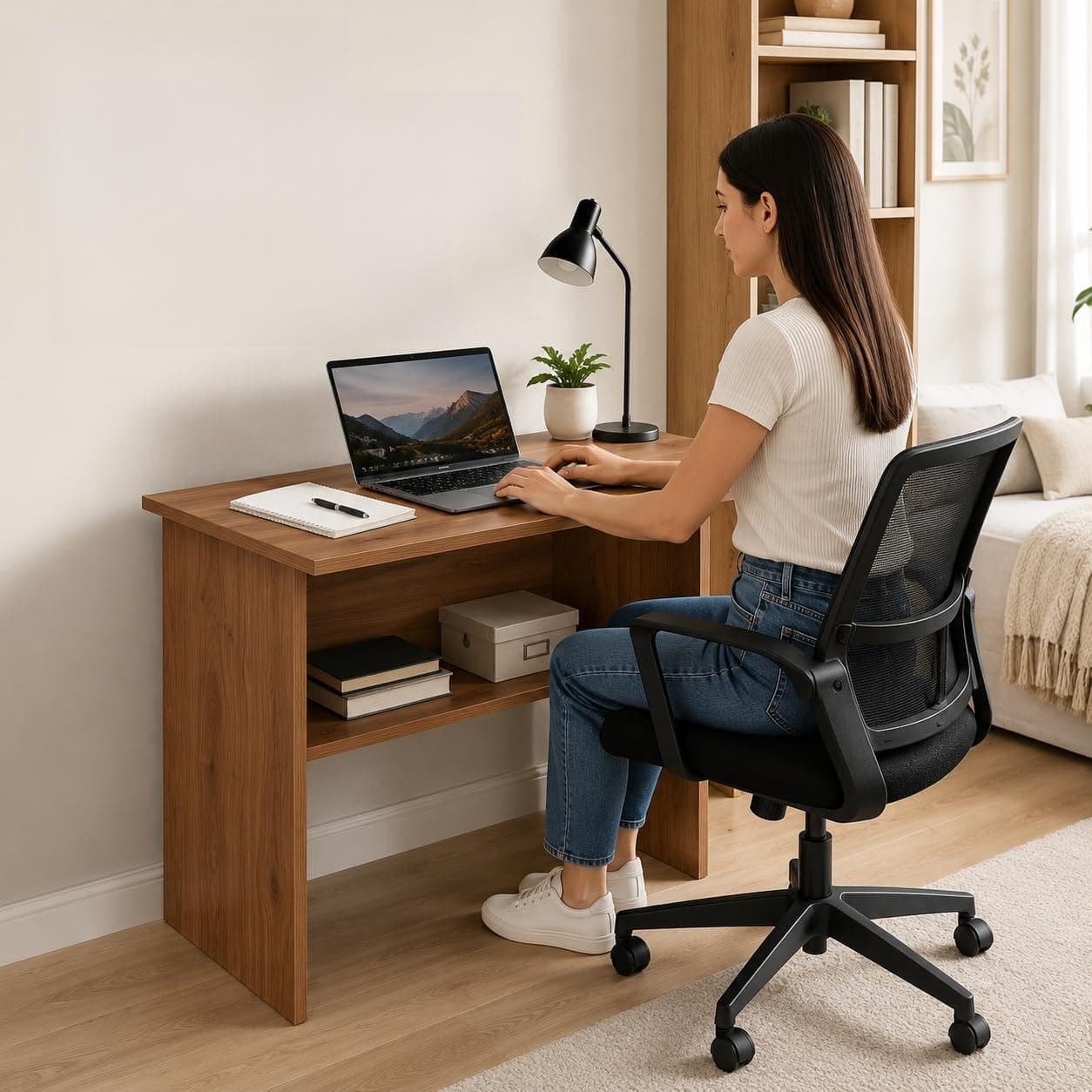 FURLAY StudyPro Wooden Laptop Table, 60x40x70 cm Compact Study Desk with Book Storage Shelf, Writing Computer Table for Students, Kids Room & Office (FMFT-Woodland)