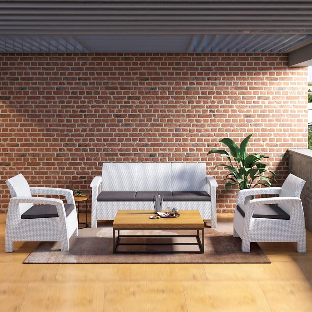 Nilkamal Goa 3+1+1 Seater Plastic Sofa Set with Cushion|Indoor & Outdoor Furniture|Patio Chair Two Seater|Perfect for GardensPoolsideCafesRestaurants and Terraces Milky White & Grey