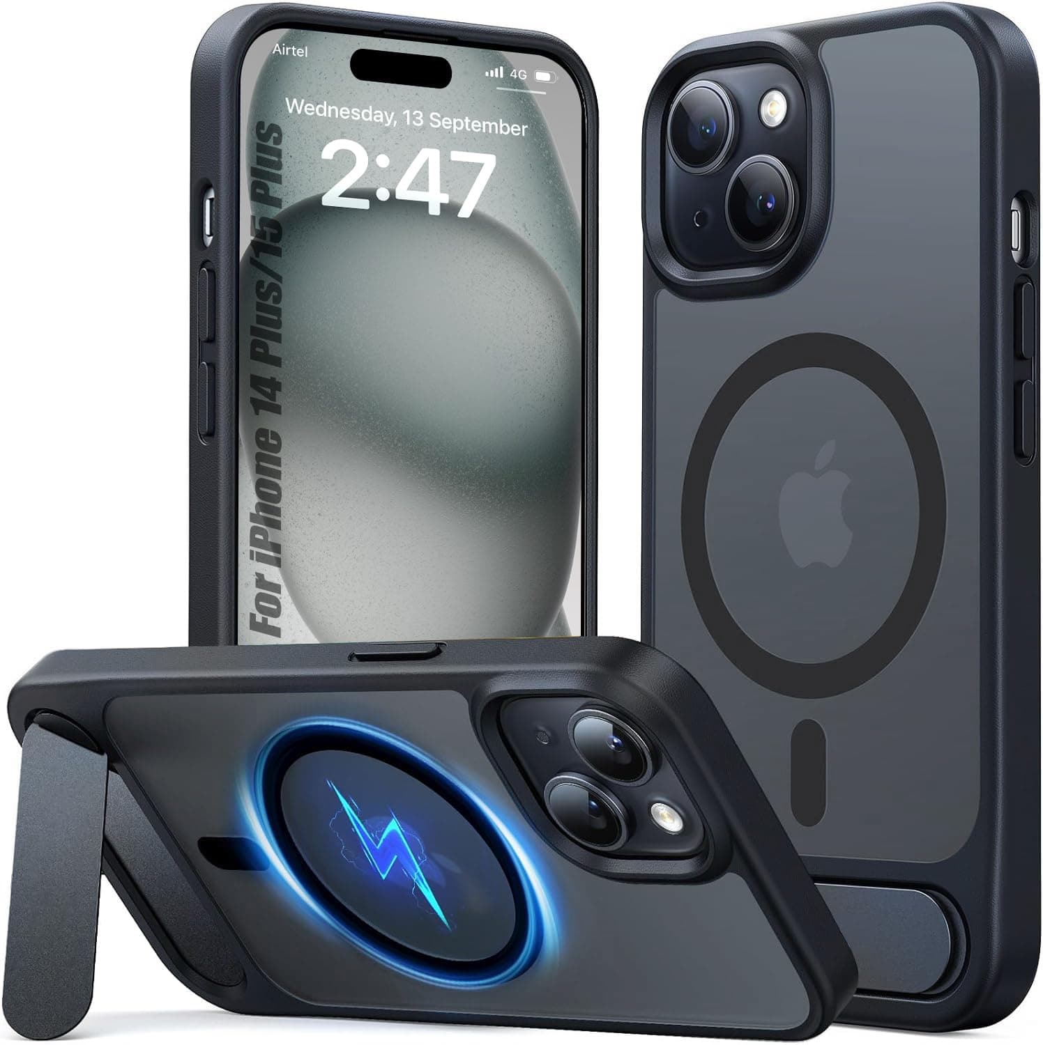 Enflamo Polycarbonate Matte Back Cover Case Compatible with Stand Magnatic for iPhone 15 Plus | Ultra Hybrid Camera Bump Protection (Black