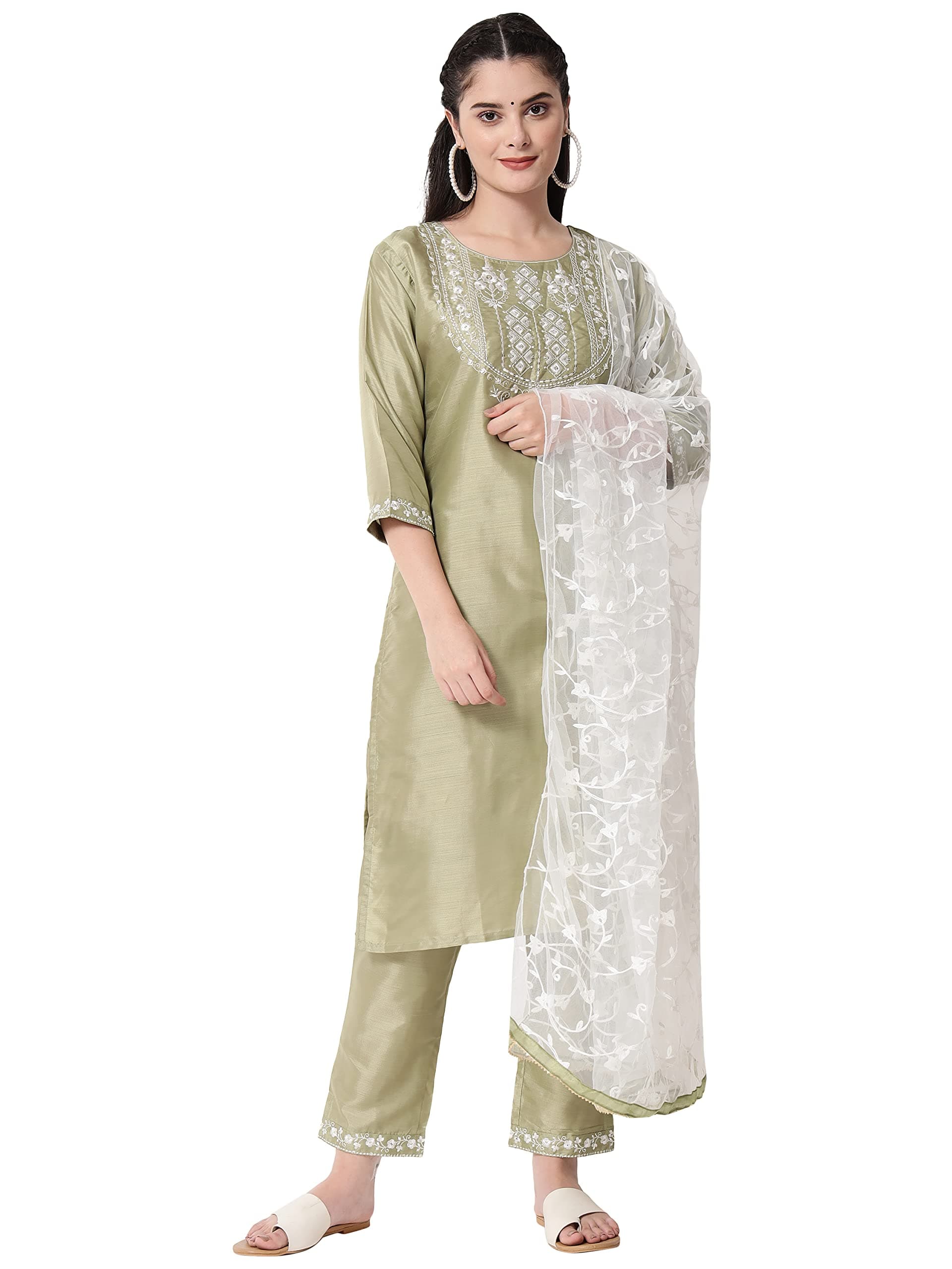 VredeVogel Women's Silk Blend Kurta Trouser With Dupatta Set