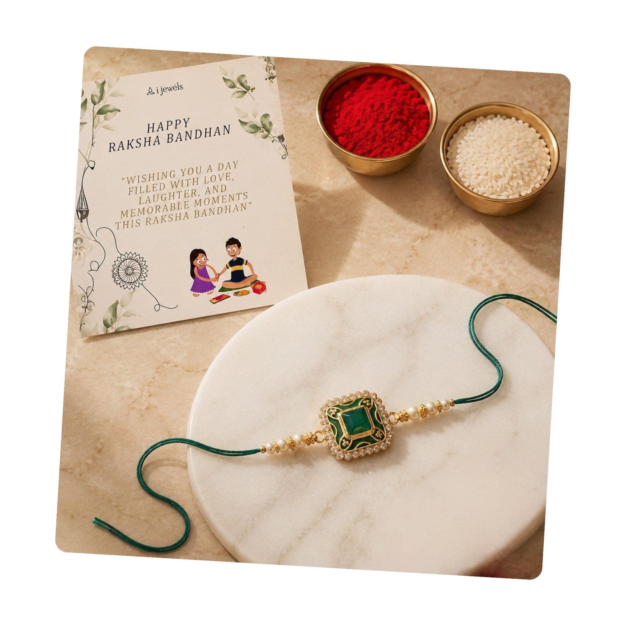 I Jewels Pearl & Meenakari Designer Bhaiya Rakhi With Roli Chawal for Brother/Bro/Men with Rakshabandhan Card