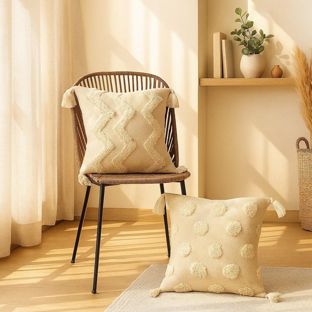 SILK & YANA 16x16 Inch Cotton Cushion Covers Pack of 2 – Hand-Tufted Geometric Pillowcases with Tassels for Sofa, Bed & Living Room Décor (Zigzag Drifter & Fuzzy Pom Grove)(Cream)