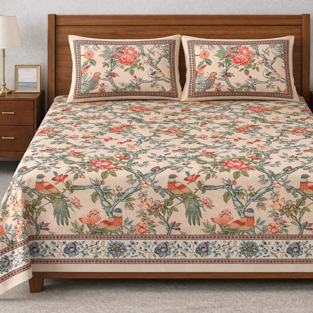 elanorhomes Hand Block Printed 240TC 100% Cotton Double King Size Bedsheet | 93 x108 Inches | 2 Pillow Covers (Panchhi Saga)