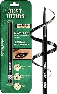 Just Herbs Naynam Day- Long Kohl Kajal | Cyclosiloxane-Free | Almond Oil + Vitamin E | Intense Black | 24-Hour Stay, Smudge-proof & Waterproof | Ophthalmologist-Tested | 0.3g