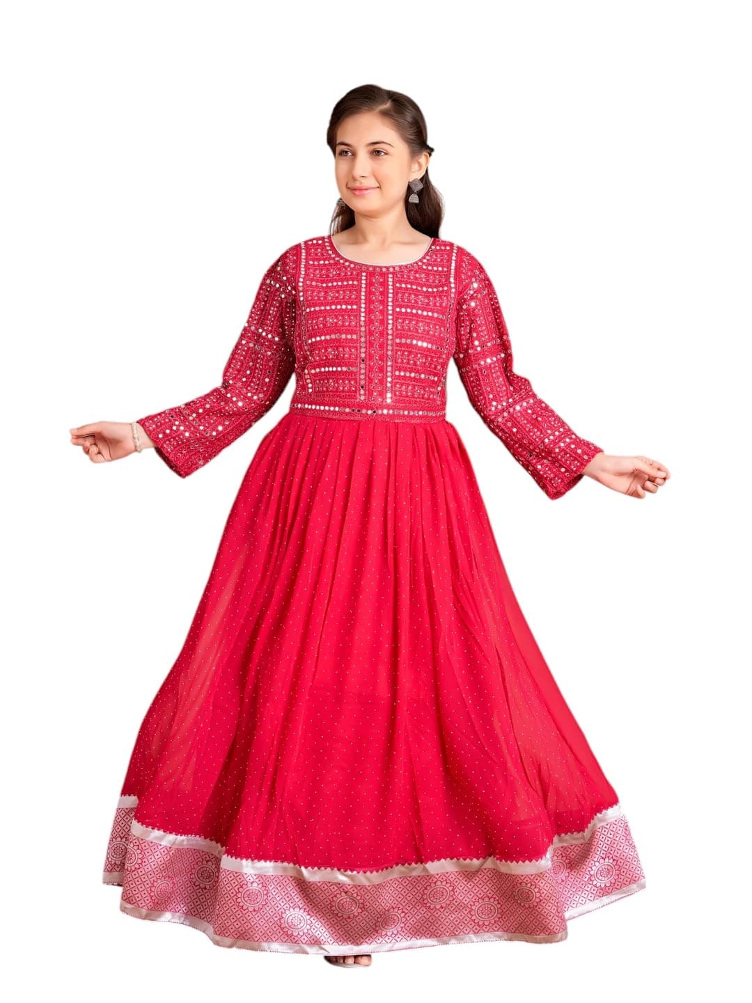 Aarika Girls Ethnic Wear Green Colour Mirror Embroidery Gown