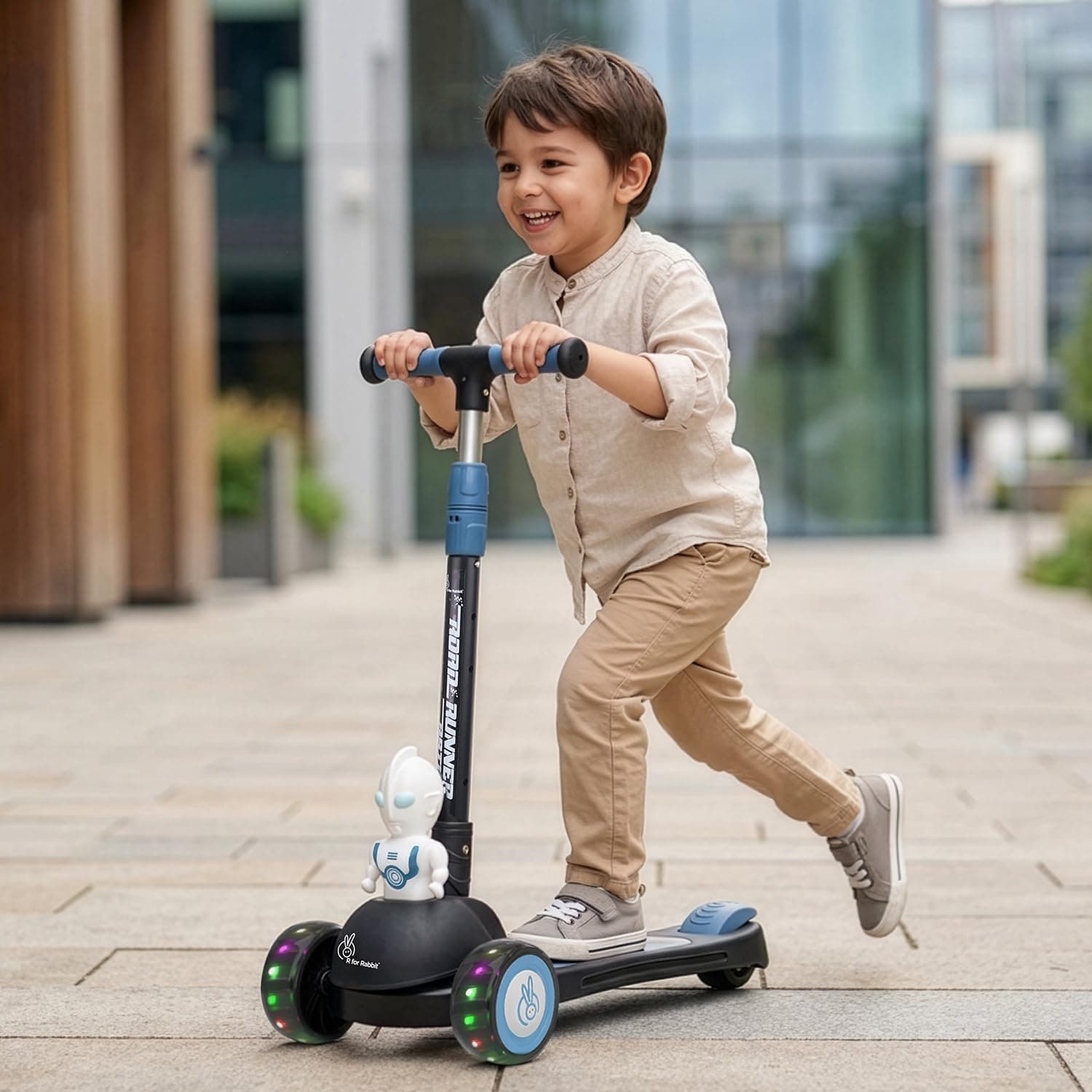 R for Rabbit Road Runner Astro Kids Scooter, Multi Level Adjustable Height, Smart Fold & PU LED Wheels Kick Scooter with Brake for 3+ Years Kids, Weight Capacity Upto 75kgs (Black)