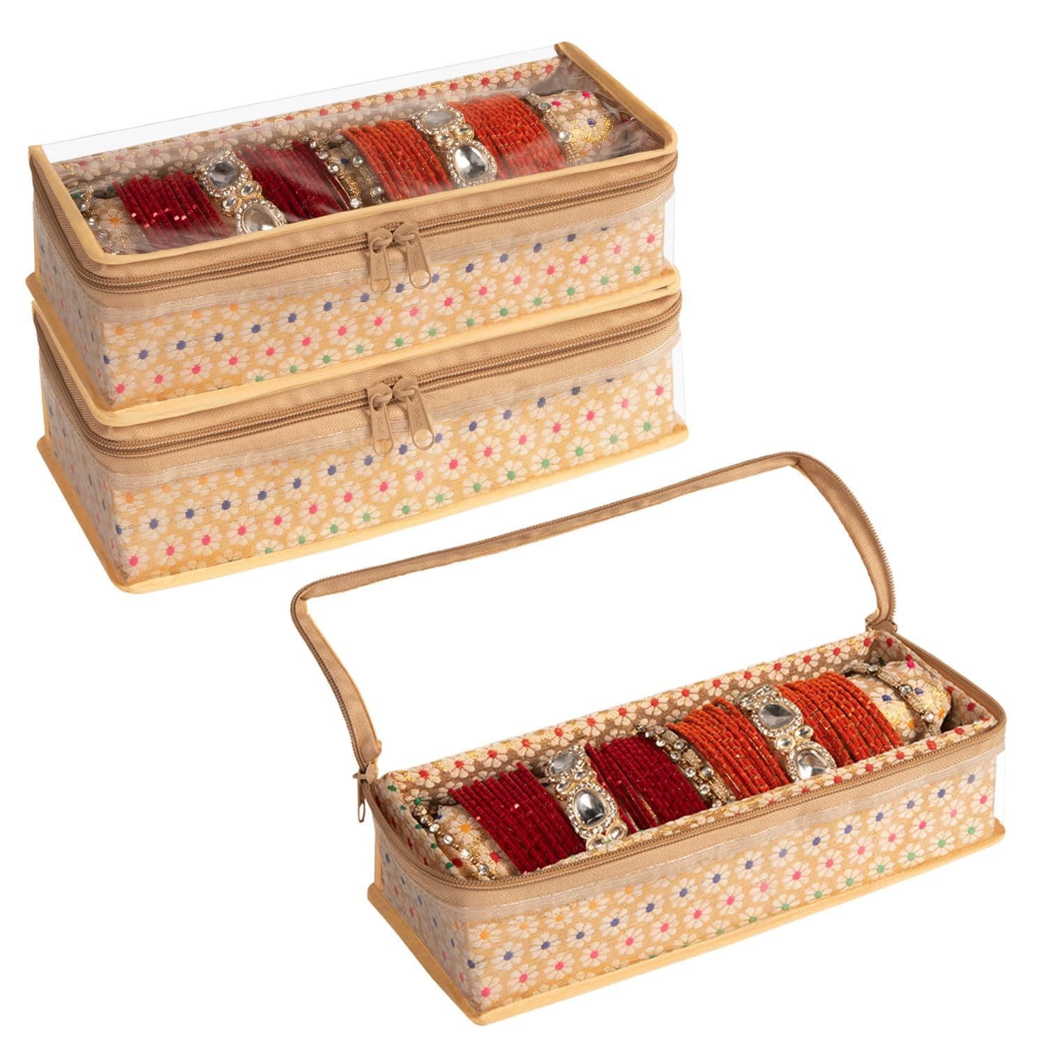 HomeStrap Brocade Single Rod Bangle Box Set of 3 | Jewelry Organizer with Transparent Window & Zip Closure | Storage Case for Bangles, Bracelets, Watches & Fashion Accessories | Golden
