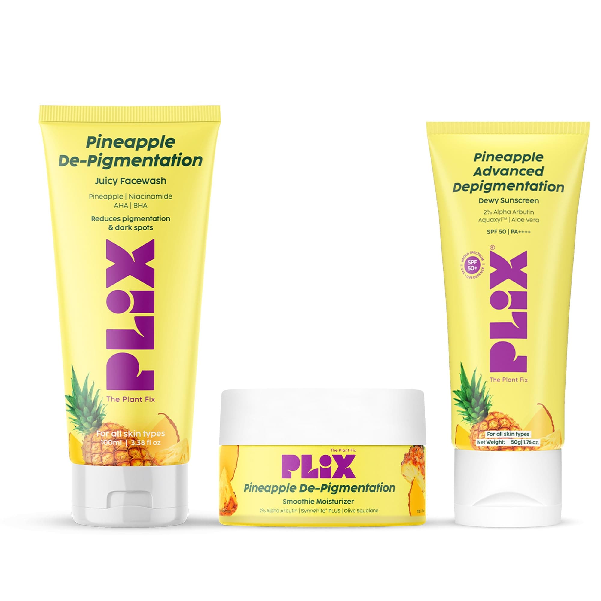 The Plant Fix Plix Pineapple Depigmentation Regime for Bright & Even Skin|With Juicy Cleanser, Smoothie Moisturizer & Sunscreen with SPF 50 PA++++|Reduces Pigmentation & Dark Spots|All Skin Types