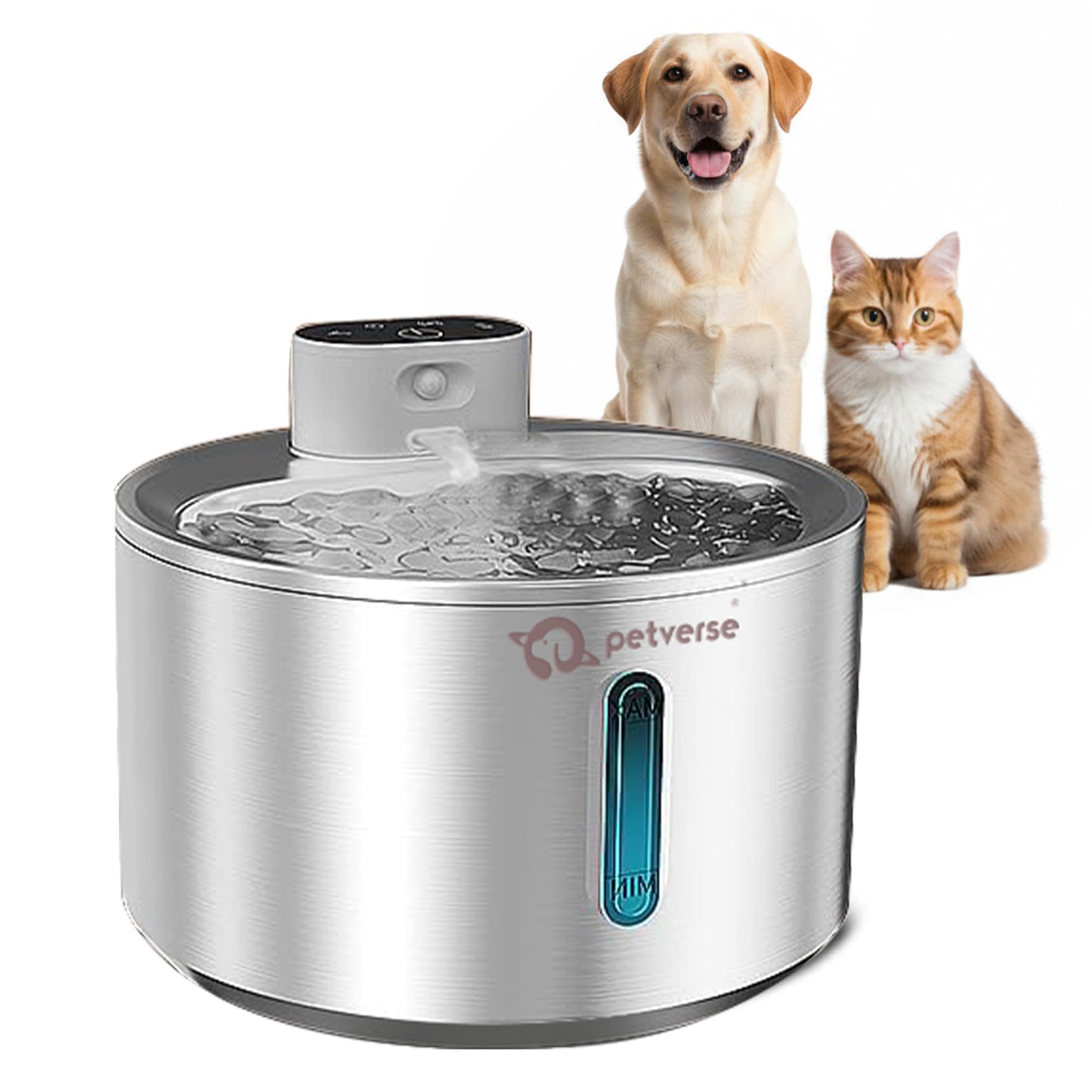 Petverse Motion Sensor Stainless Steel Pet Water Fountain 4L for Cats and Dogs, Wireless Battery Operated, 3 Modes Sensor Timer Continuous, Triple Filtration System, LED Indicator