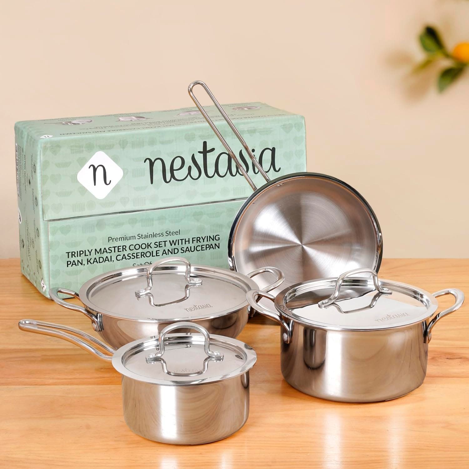 Nestasia Triply Stainless Steel 7 Pc Cookware Set - Fry Pan (20cm/1L), Kadai (22cm/2.25L), Casserole (20cm/3L) & Saucepan (16cm/1.5L) with 3 Lids | Induction & Gas Stove Friendly