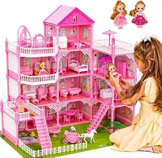 Daji Big Doll House for Girls - Princess dreamhouse - Large Dollhouse for Girls - Amazing Doll House with 11 Rooms, Dolls, furnitures and Lights. Plastic and Cardboard Assembly House for Kids