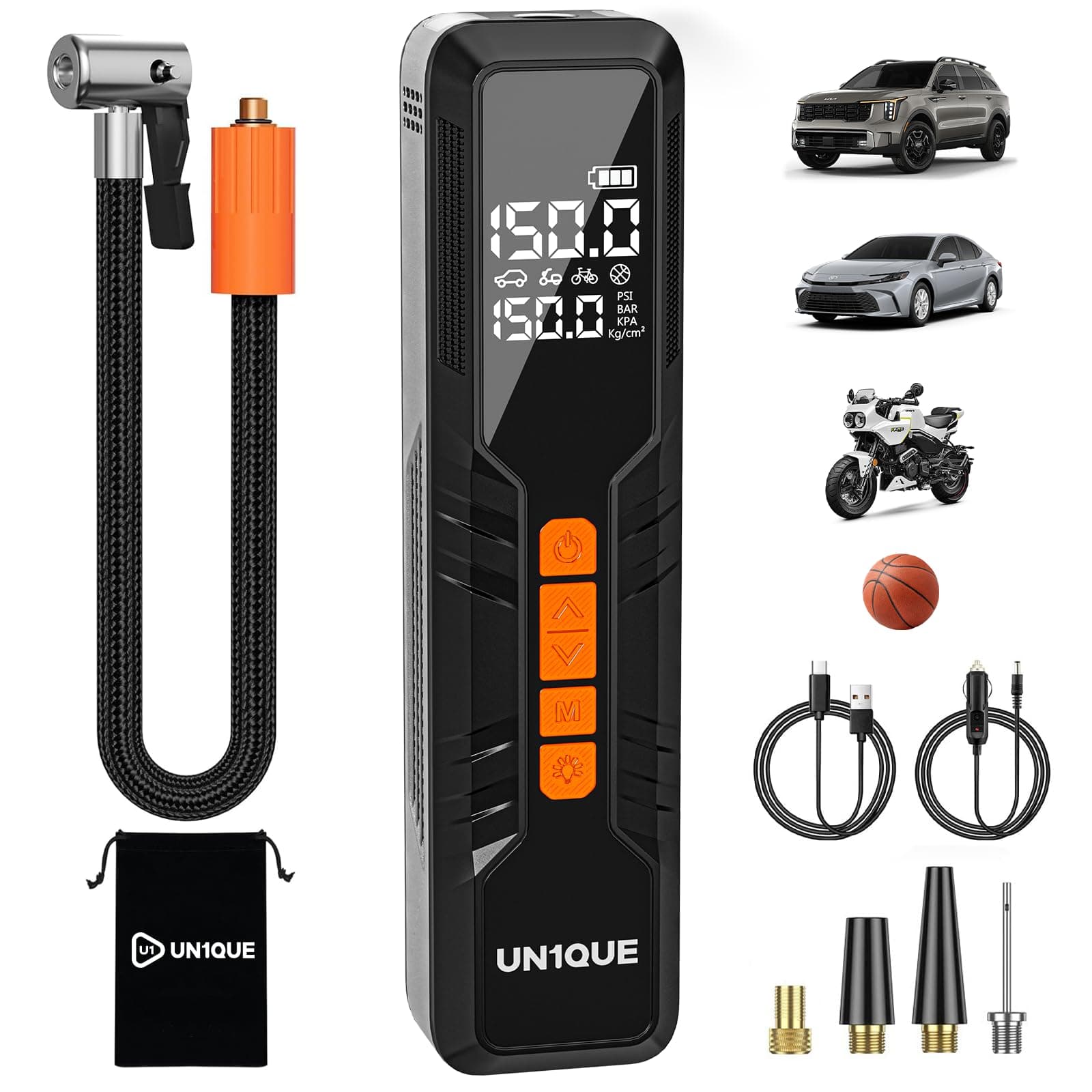 UN1QUE Cordless Tyre Inflator for Car, Air Compressor with 6000 mAh Battery & DC Cord|150 PSI |Dual Values Display | Smart Preset Modes Air Pump, Suitable for Car, Motorcycle, Cycle,Black