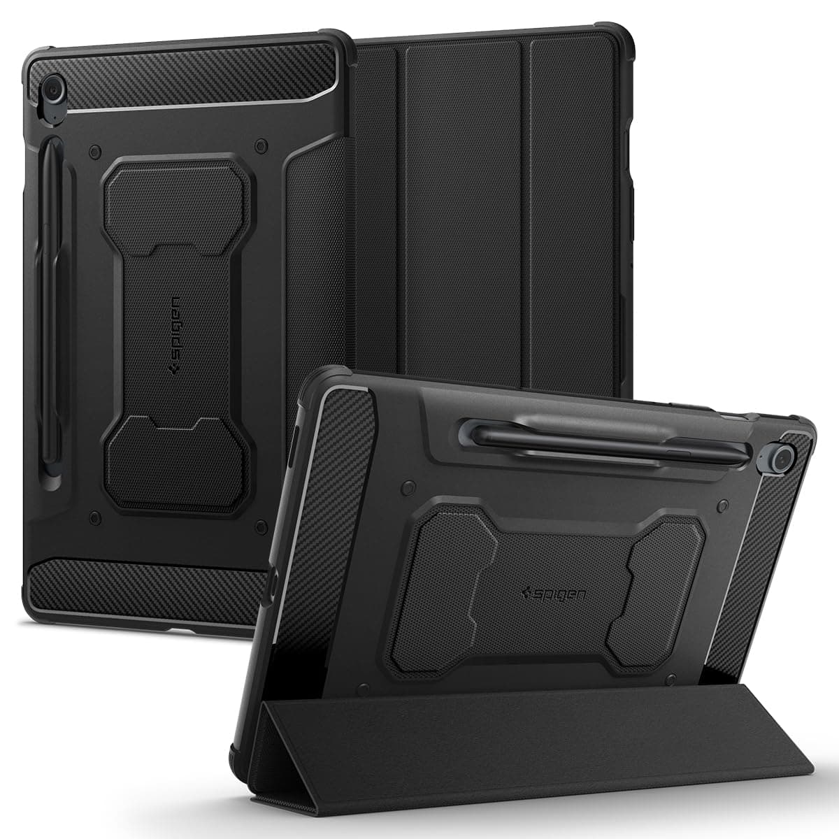 Spigen Rugged Armor Pro | Samsung Galaxy Tab S10 Lite/Tab S9 FE Case [S Pen Holder] [Trifold Stand] 11 inch Folio Full Cover | TPU+PU Leather - Black