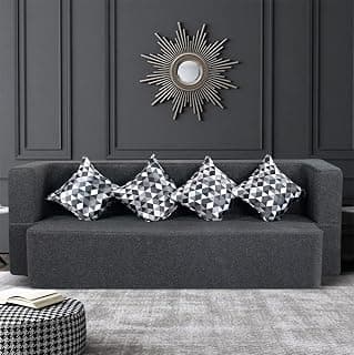 Seventh Heaven 4 Seater Sofa Cum Bed 78x44x14 inch Jute Fabric with 4 Cushions 4 Seater Double Foam Pull Out Sofa Cum Bed (Finish Color - Grey Delivery Condition - Pre-Assembled)