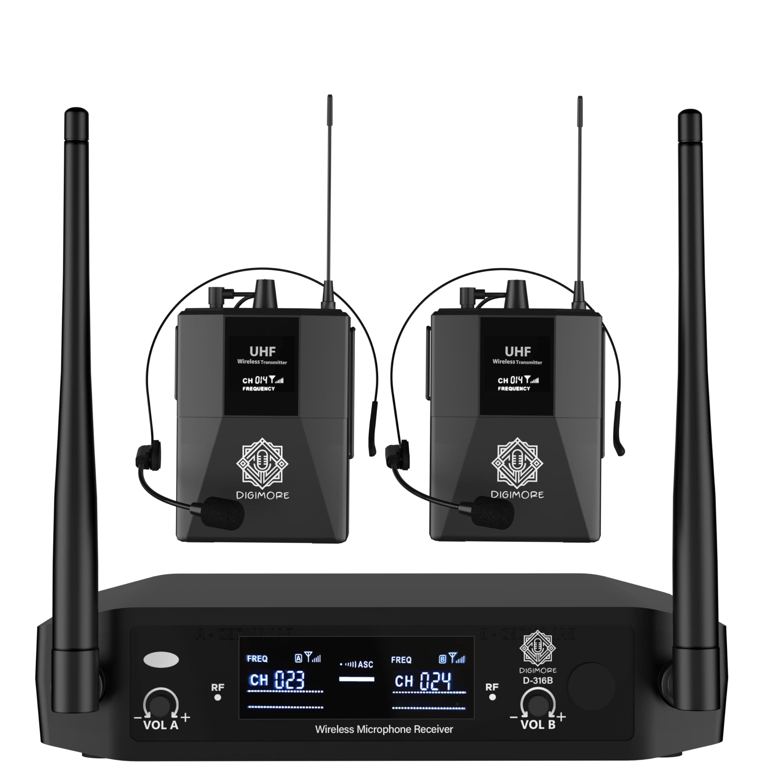 DIGIMORE Wireless Microphone System | Dual Headset Lapel Mics | 150Ft Range | Cardioid Pickup | Balanced XLR Outs & UnBal 6.35mm Out | Cordless Mic for Singing, Karaoke, Church, DJ (D-317)