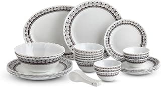 CELLO Lumina Imperial Plus Series Opalware Dinner Set of 33 Pieces For Family of 6 | Bone-Ash Free & Leadfree Opal Glass Microwave & Dishwasher Safe Crockery Plates & Bowls Set For Daily Use & Gifting