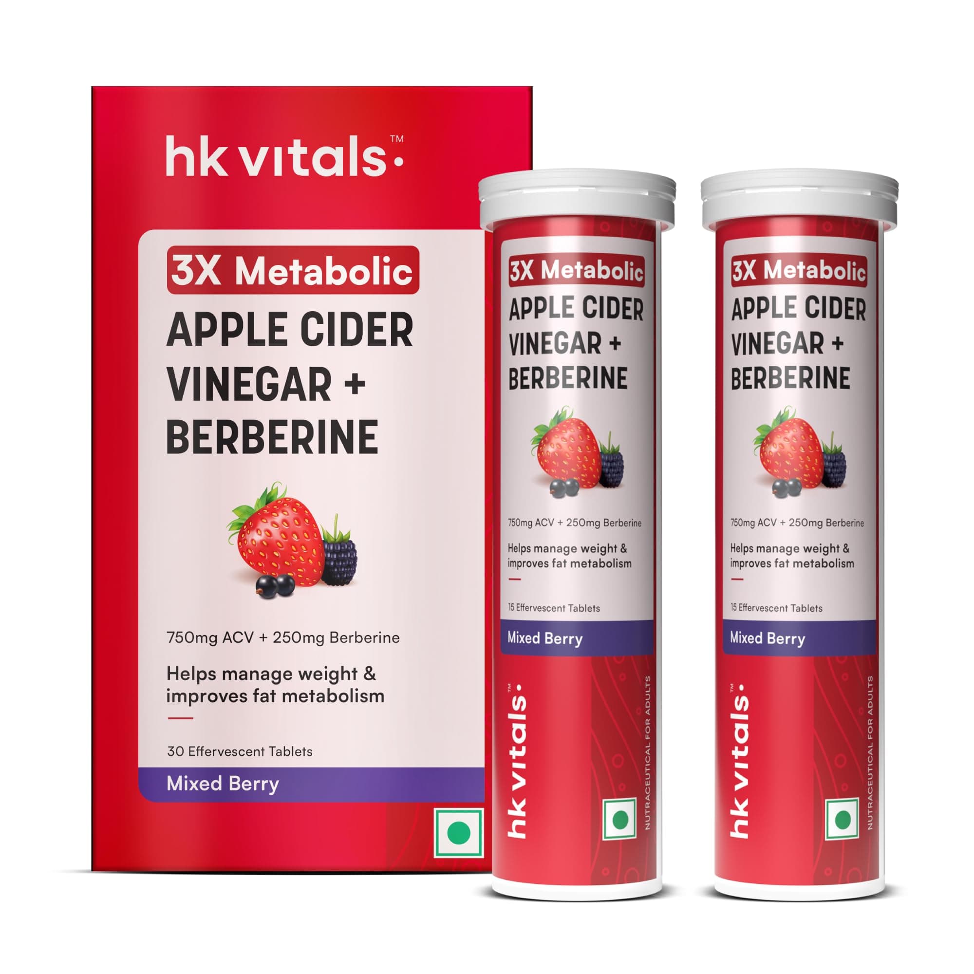 hk vitals 3x Metabolic Apple Cider Vinegar 750mg + Berberine 250mg, Mixed Berry, 30 Effervescent Tablets (15 Tablets each) | Combo Pack