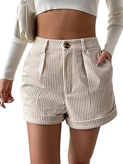 Leriya Fashion Women's High Waist Tailored Shorts, Ribbed Poly Lycra Blend Summer Shorts with Pockets & Button Closure, Elegant Folded Hem Casual Wear for College, Brunch & Daily Outings