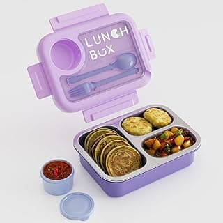 Bento Lunch Box for Kids & Adults, Stainless Steel 3 Section Leakproof Lunch Container with Cutlery, BPA Free Tiffin for School College Office Travel (Purple)