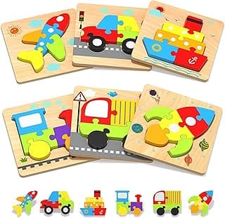 Kidology Wooden Jigsaw Puzzle Set for Kids Age 3+ Years | 6-Pack Vehicle Shape Montessori Toy, Fine Motor Skill Development, Early Learning Pre-School Educational Game, Birthday Gift for Boys & Girls