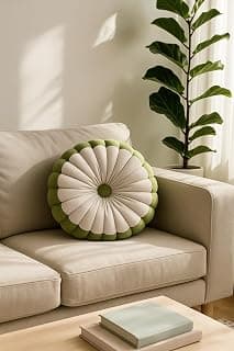 Round Flower Decorative Throw Pillow Cushion for Sofa, Beige and Green, 14 Inches, 3D Pleated Design