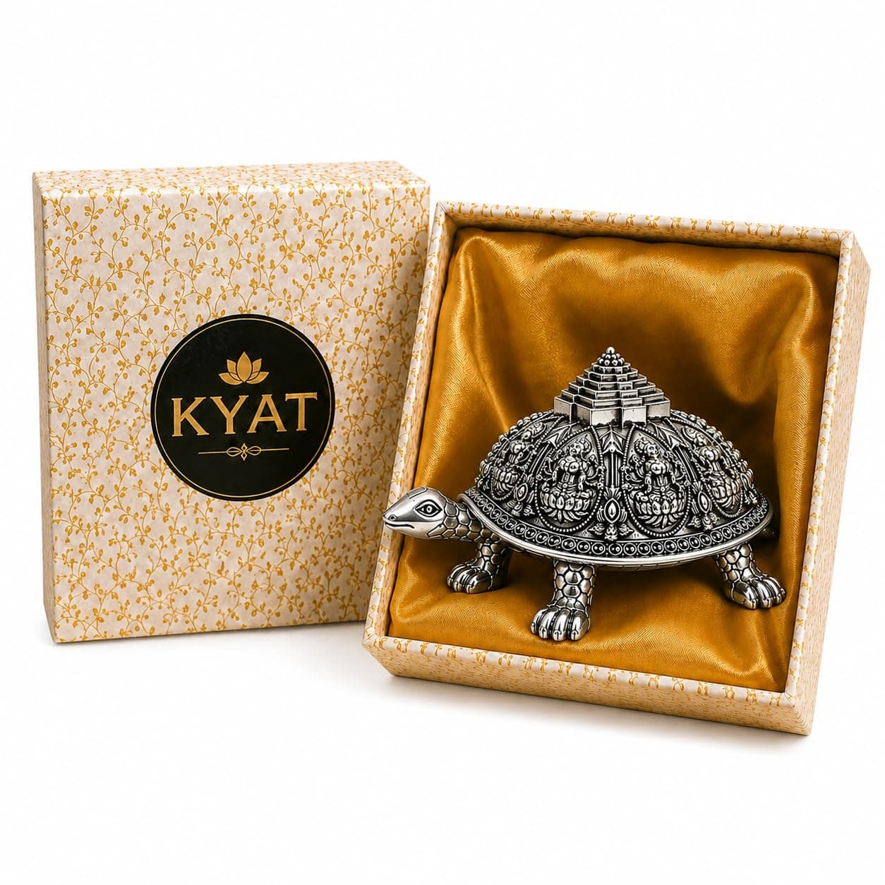 KYAT Silver Plated Ashtalakshmi Tortoise Idol for Vastu Decor, 3.5 Inch Vastu Home Decor for Pooja Room & Mandir | Symbol of Prosperity & Abundance | Ideal Religious & Spiritual Gift