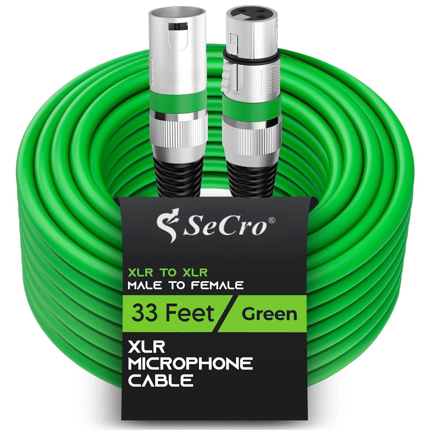 SeCro XLR Male to Female Microphone Cable – 3-Pin Balanced Shielded XLR Mic Cable for Microphone, PA System, Audio Mixer, Studio Monitors, Audio Recording Podcast etc. (GREEN, 33Feet(10Meter))