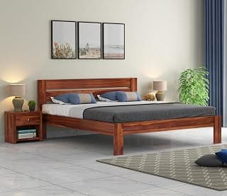 Queen Size Sheesham Wood Bed Without Storage | Solid Wood Bed for Bedroom | Modern Headboard Design | Rosewood Bed | Honey Finish