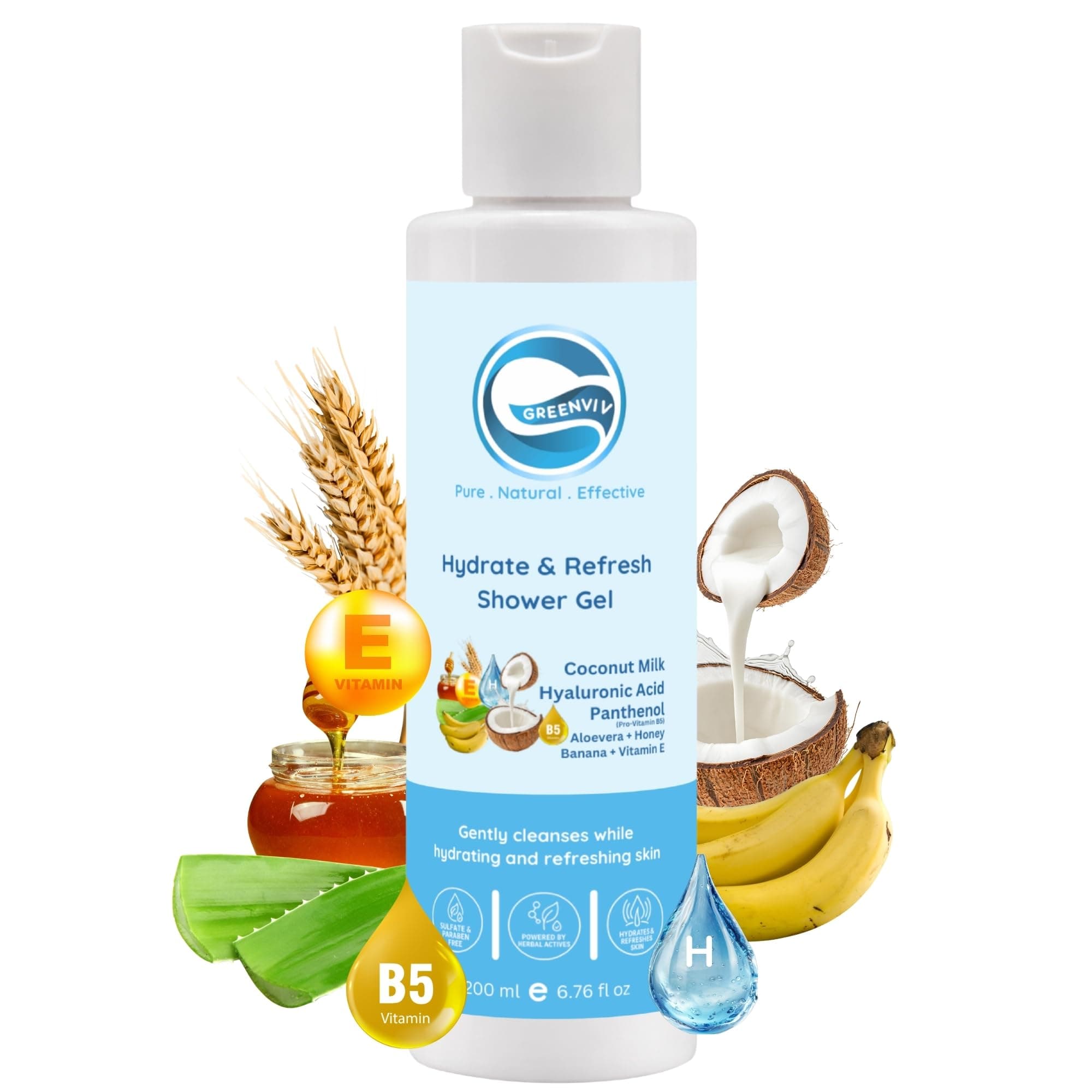 Greenviv Hyaluronic Acid Body Wash for Dry Skin, Deeply Hydrates & Softens Skin with Vitamin B5 & Vitamin E | Sulphate & Paraben-Free | 200 ml