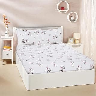 Amazon Brand - Solimo Queen Size Fitted Bedsheet with 2 Pillow Cases | 200 TC | 100% Cotton | Washing Machine Washable | Fits Up to 7 Inch Mattress | 78 X 60 Inches | Floral Design (Pink)