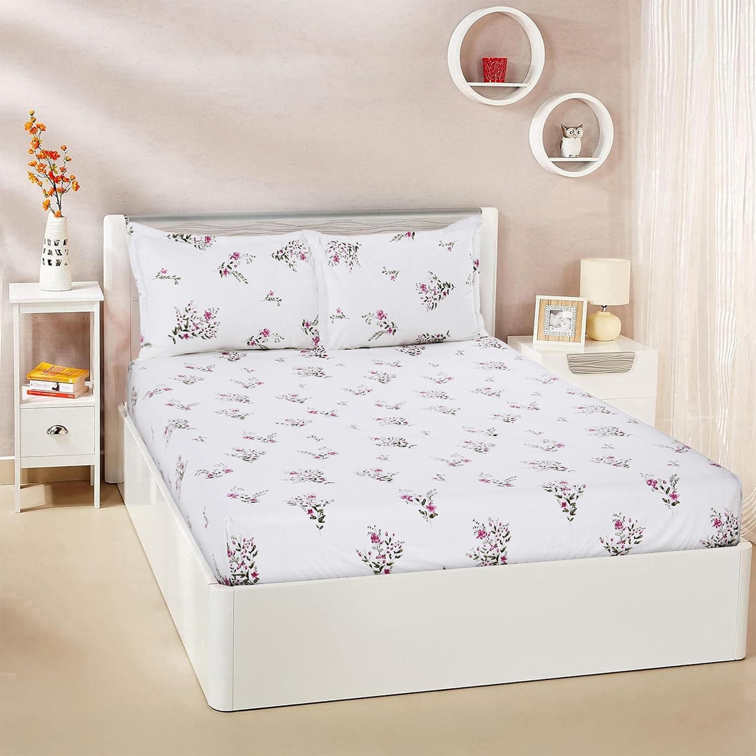 Amazon Brand - Solimo Queen Size Fitted Bedsheet with 2 Pillow Cases | 200 TC | 100% Cotton | Washing Machine Washable | Fits Up to 7 Inch Mattress | 78 X 60 Inches | Floral Design (Pink)