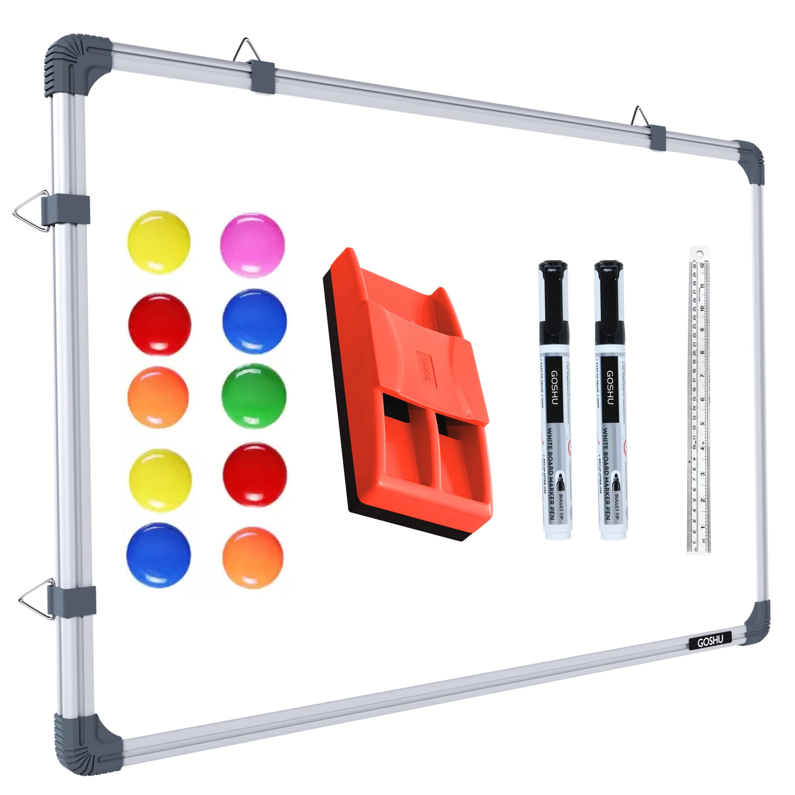 GOSHU Aluminium Magnetic 2 Feet X3 Feet White Board For Office, Home & School, Includes 10 Magnets,1 Magnetic Duster Eraser,1 30Cm Scale& 2 Markers (2X3 Feet, Pack Of 15 Items)