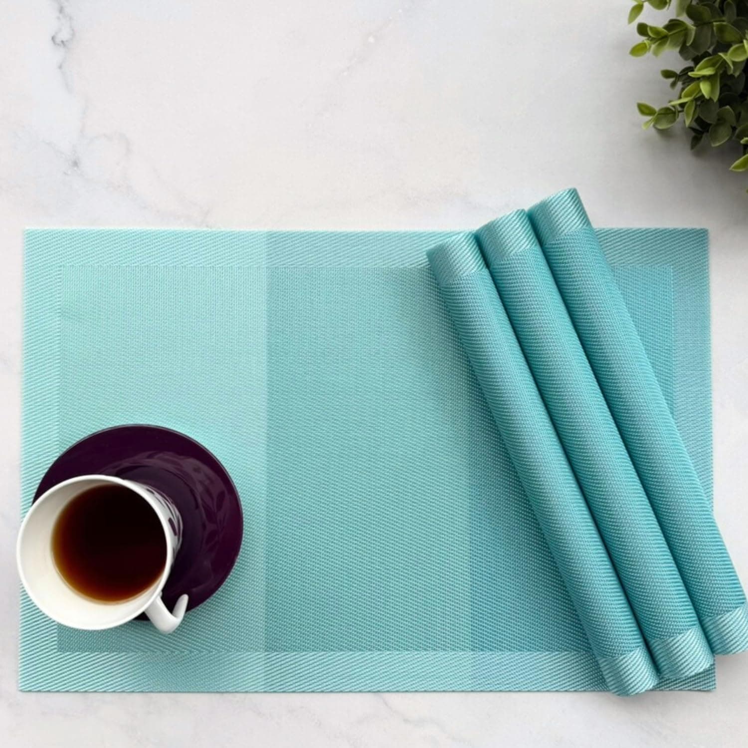 Livmodern Premium PVC Dining Table Mats for 4 Seater| Woven PVC Mats | Heat Resistant & Anti Skid Placemats | Wipeable & Washable Set of 4-Ocean Waves