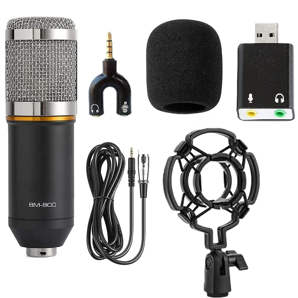 DEVICE OF URBAN INFOTECH BM800 Condenser Microphone & USB Sound Adapter 3.5 mm External Stereo with Mic/Headphone Jack for PC/Laptop bm800 Mic for Singing Studio Recording Set (Black)