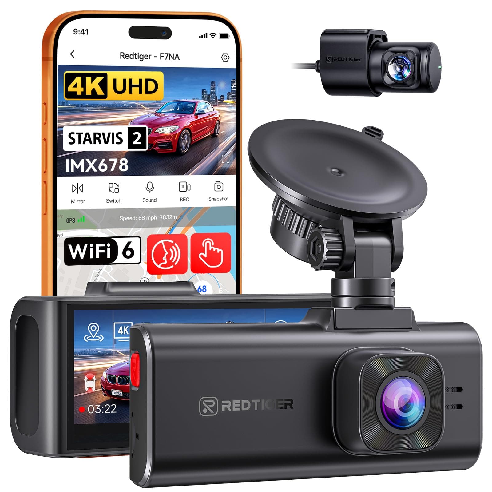 REDTIGER F7NA 4K Dual Dash Cam for Car with ADAS, STARVIS 2 IMX678 Sensor, 8MP UHD, 5GHz WiFi 6 Fast Download, 4K Front 1080P Rear, GPS, Voice Control, WDR, HDR Night View, Support 512GB (No SD Card)