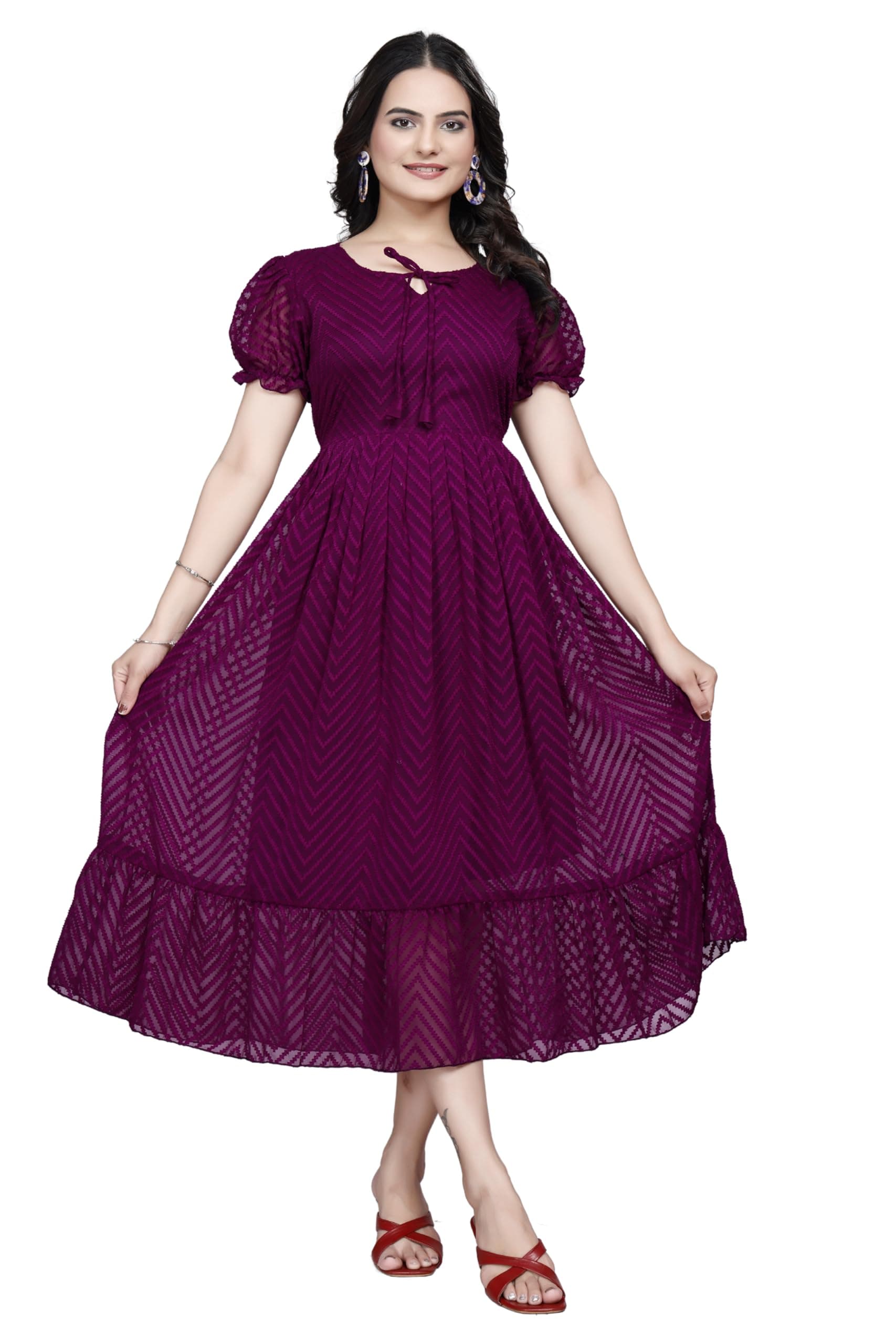 QENA Women's Georgette Chevron Printed Anarkali Maxi Dress