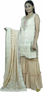 Generic Zara Ladies Fashion Hub Georgette Fabric Kurta with Thread and Stone Work, Embroidered Dupatta and 2 Layered Sarara for Women's & Girls Peach
