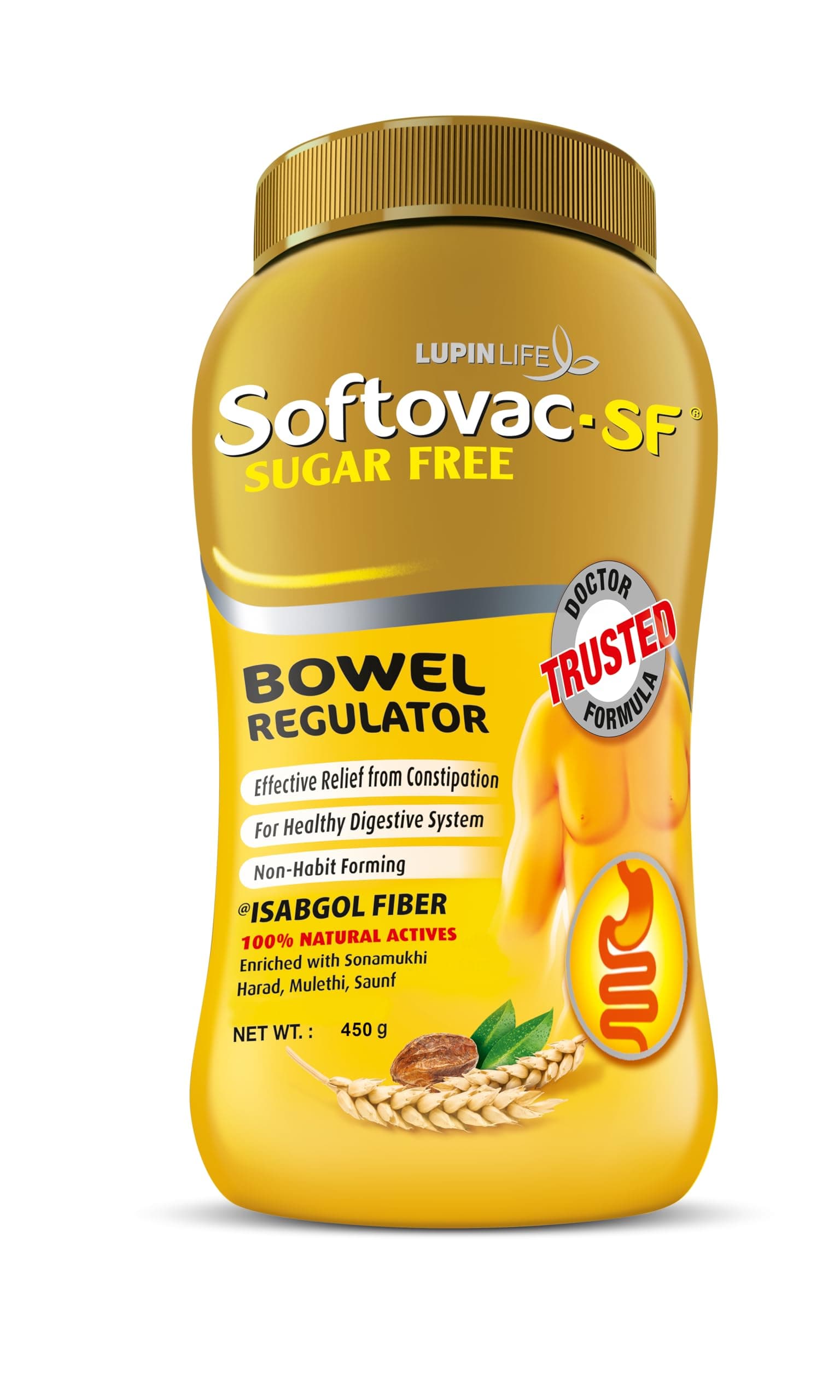 Softovac-SF Isabgol Fiber Plus+ Formula 450g Sugar free Psyllium Husk + Natural Actives Complete Relief from Constipation, Gentle on Stomach - Natural Bowel Regulator for Adults