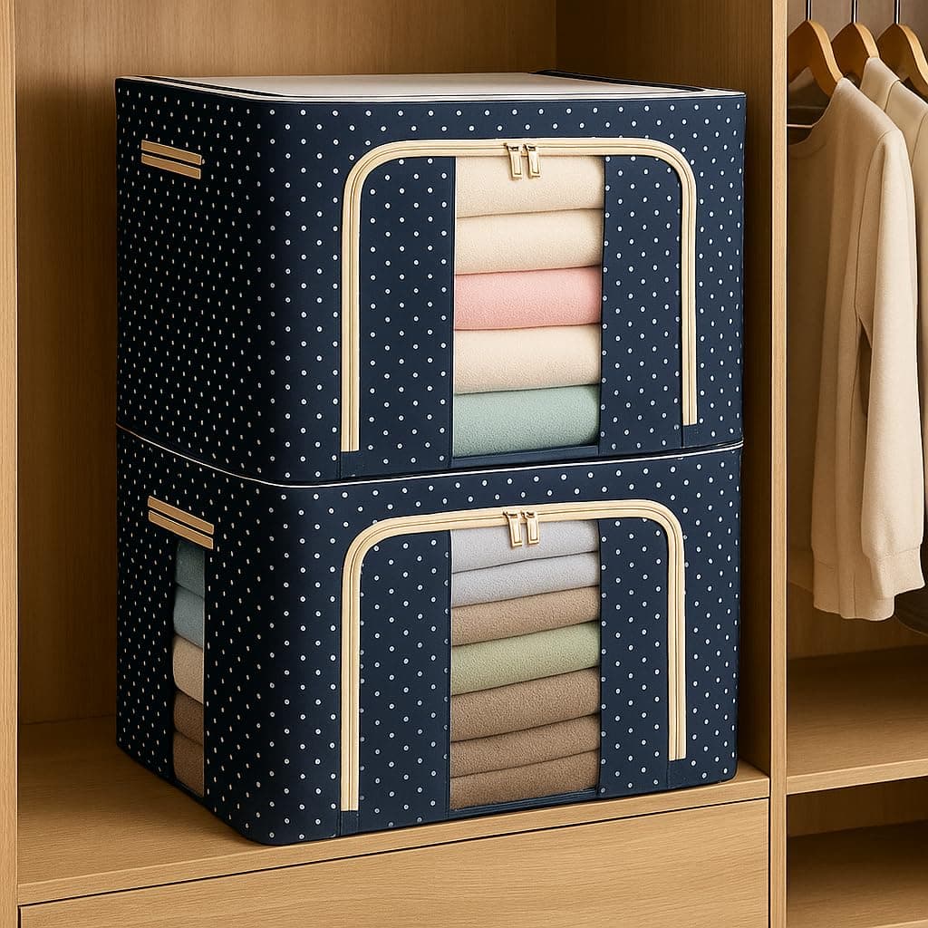 JD FRESH 2 Pcs 66 Liters Foldable Steel Frame Cloth Organizer for Storage/Wardrobe Organizer for Storage/almirah organiser for Sarees/Shirts/Blankets/Clothes Storage Box with Handle - (Blue)