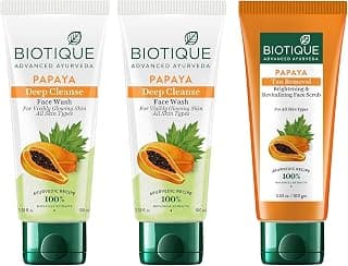 Biotique Papaya Deep Cleanse Face Wash For Visibly Glowing Skin All Skin Types 2x100ml & Biotique Papaya Tan Removal Brightening & Reviatalizing Face Scrub For All Skin Types, 100g