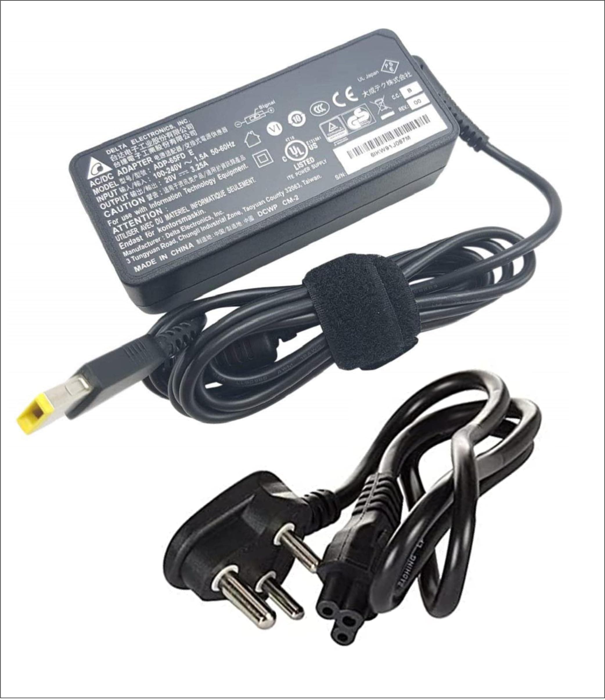 Len-OVO 65W Orignal USB Slim Tip Rectangular pin Laptop Adapter/Charger for Select Models of Lenovo Laptops Black- (with 3 Pin Power Cable)