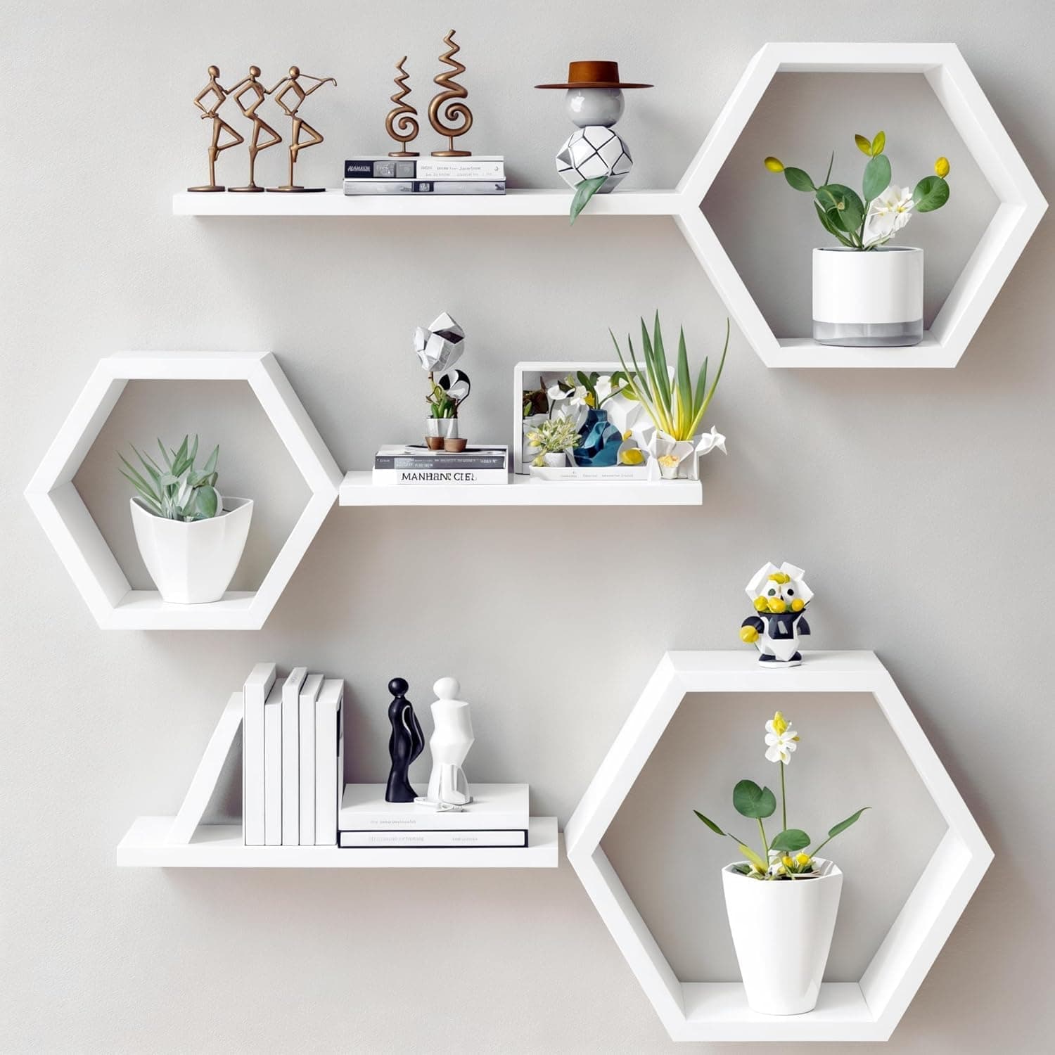 Dime Arts Shoppee Engineered Wood Woden Hexagonal Shape Wall Hanging Rack Floating Shelves for Display for Photos,Plants Living Room, Bedroom,Bathroom, Kitchen, Office Decor (White)