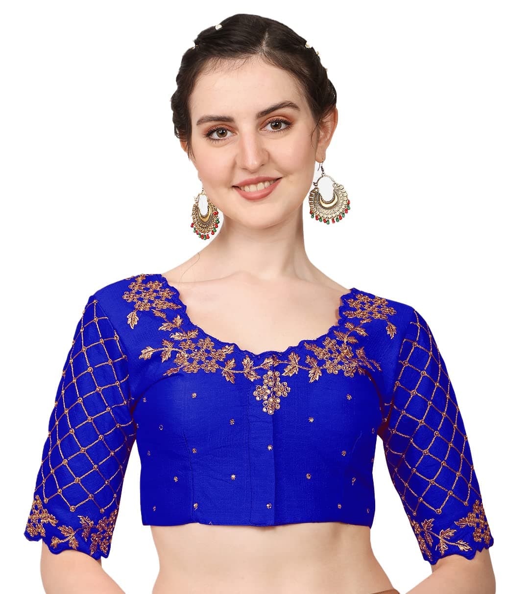 Pujia Mills women's embroidery handwork, rough cut work stone work readymade blouse