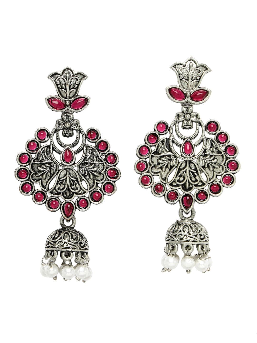 ADIVA Oxidised Silver-Plated Green Stone Floral Shaped Jhumka Earrings