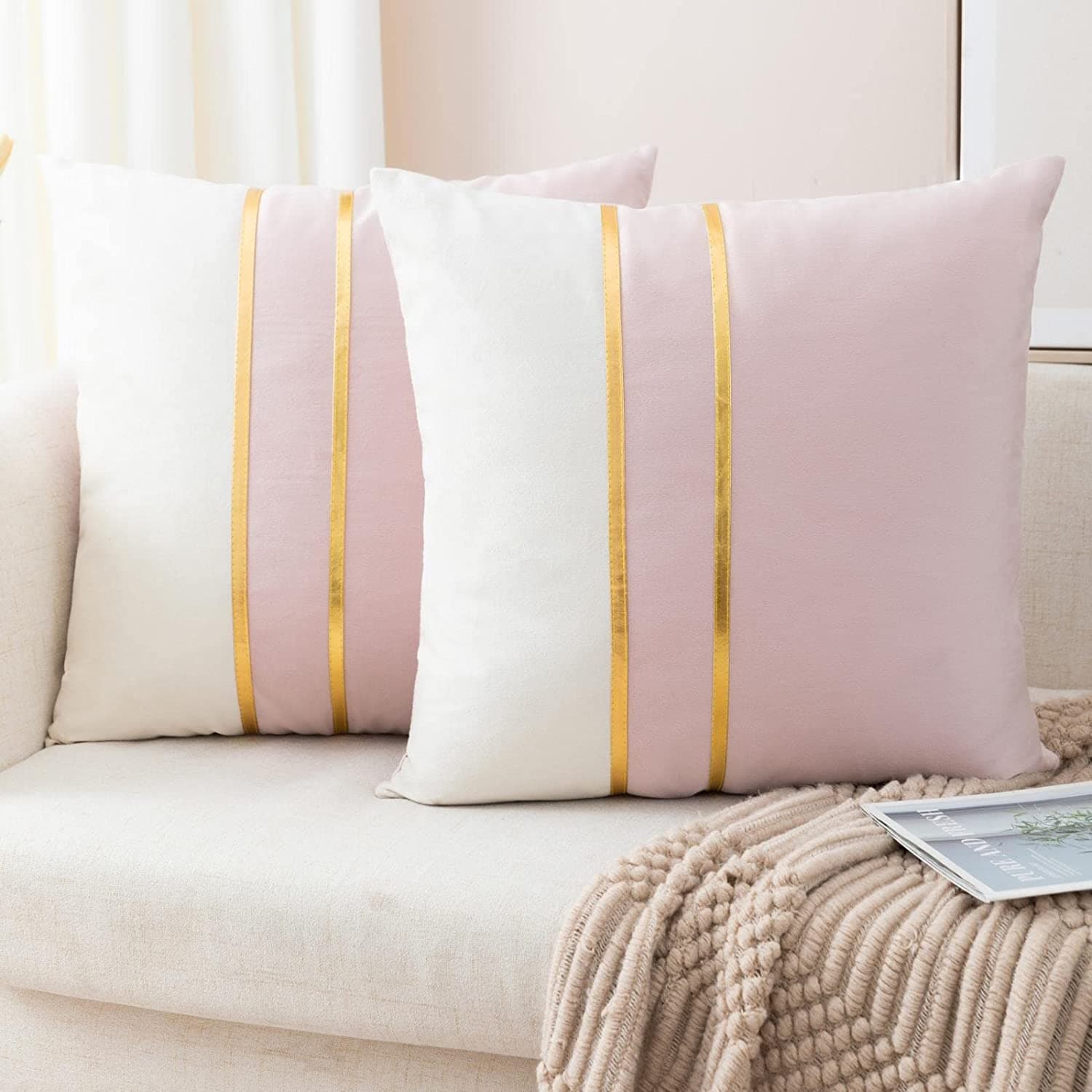 Vinayaka Fab Set of 2 Velvet Throw 250 TC Pillow Covers, 16 X 16 Inches - Soft Decorative Cushion Covers with Gold Leather Accent (Pink Off White/Gold)