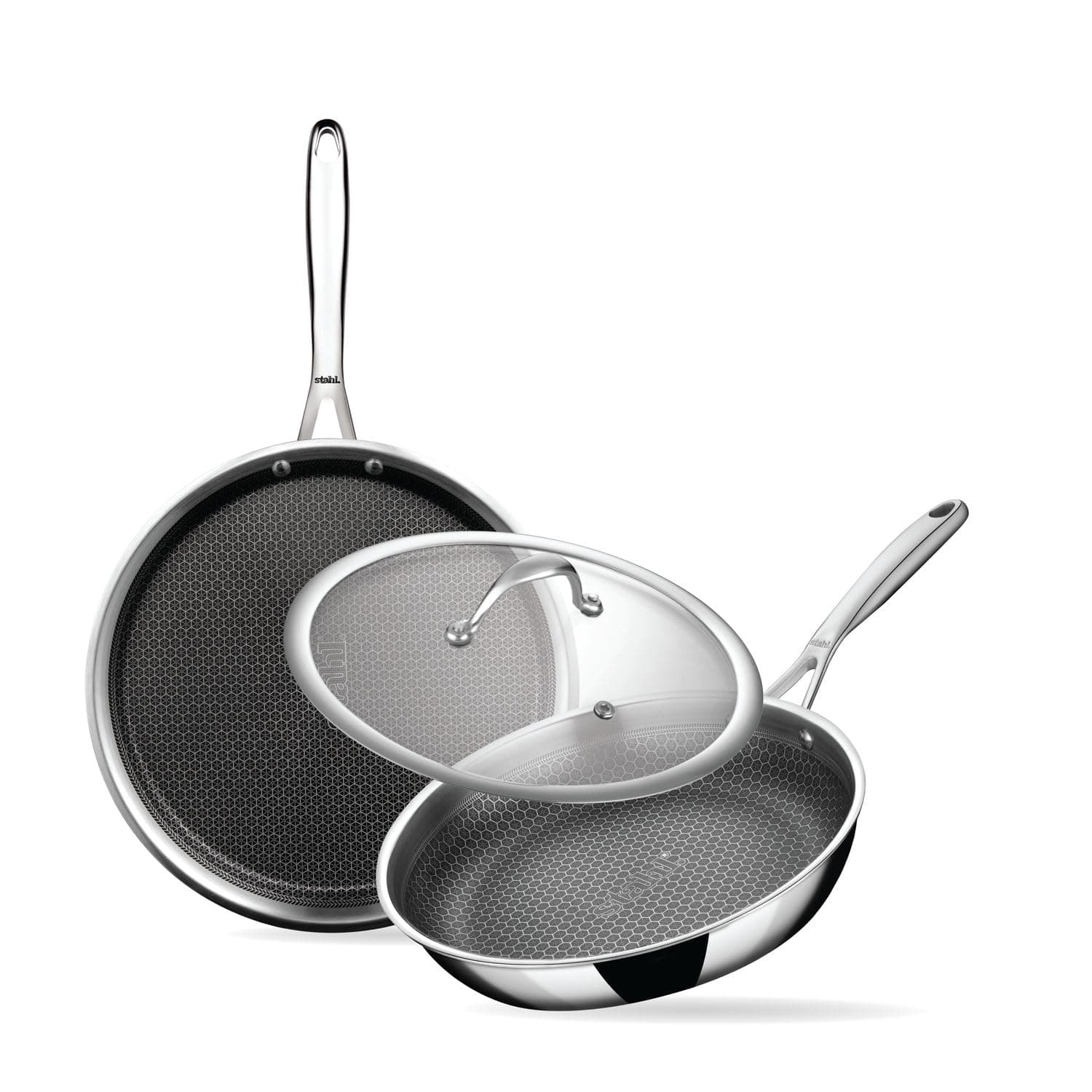 Stahl Artisan Hybrid 3 Piece Triply Stainless Steel Cookware Set | Dosa Tawa 28cm + Fry Pan 24cm with Glass Lid | Induction & Gas Compatible | Non-Stick Honeycomb Hybrid Cookware Combo
