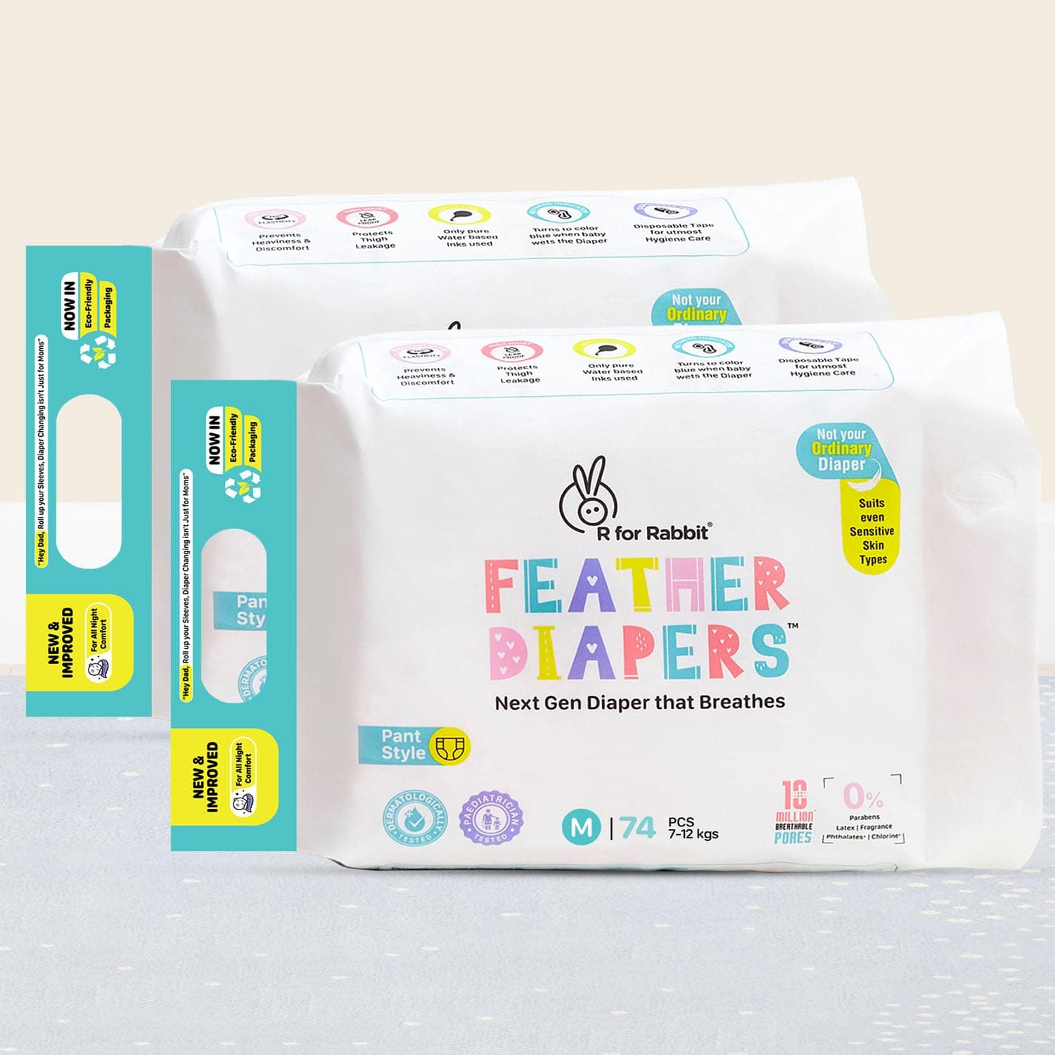R for Rabbit Pant Style Feather Diaper Medium (M) Size for Baby 7 to 12 kgs 148 Units (74 Count, Combo Pack of 2)