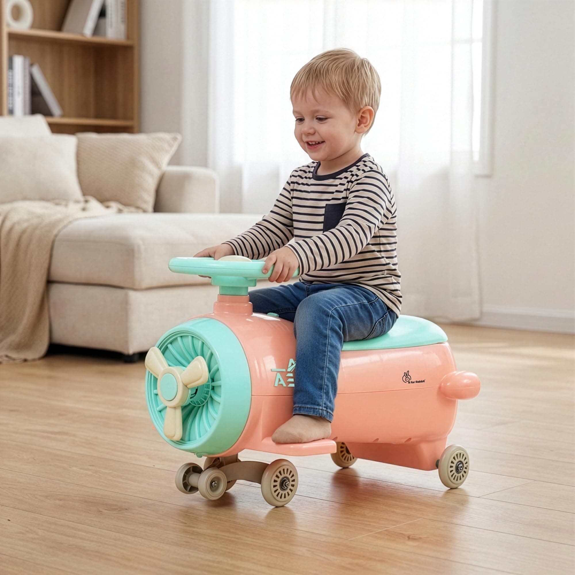 R for Rabbit Iya Iya Aero Ace Swing Car for Kids, 2 in 1 Baby Ride On & Magic Toy Panda Car, ABEC7 Bearing Smooth Wheels with Storage Seat, Ideal for 2+ Years Boys & Girls, Upto 50 Kgs (Peach Green)