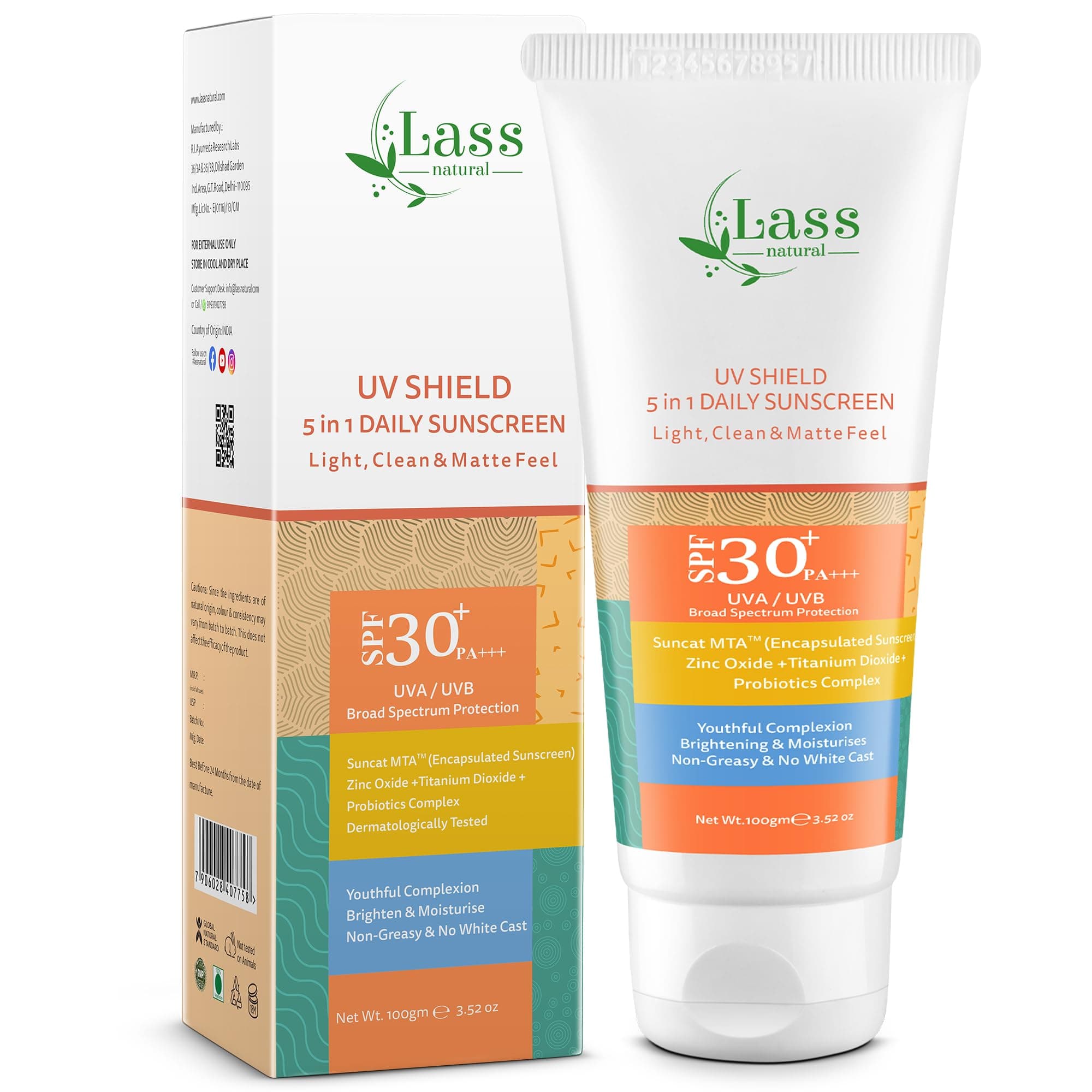 Lass Natural UV Shield 5-in-1 Sunscreen SPF 30+ PA+++ | Water & Sweat Resistant | Probiotics & Suncat MTA | For Oily to Combination Skin | Men & Women | 100gm