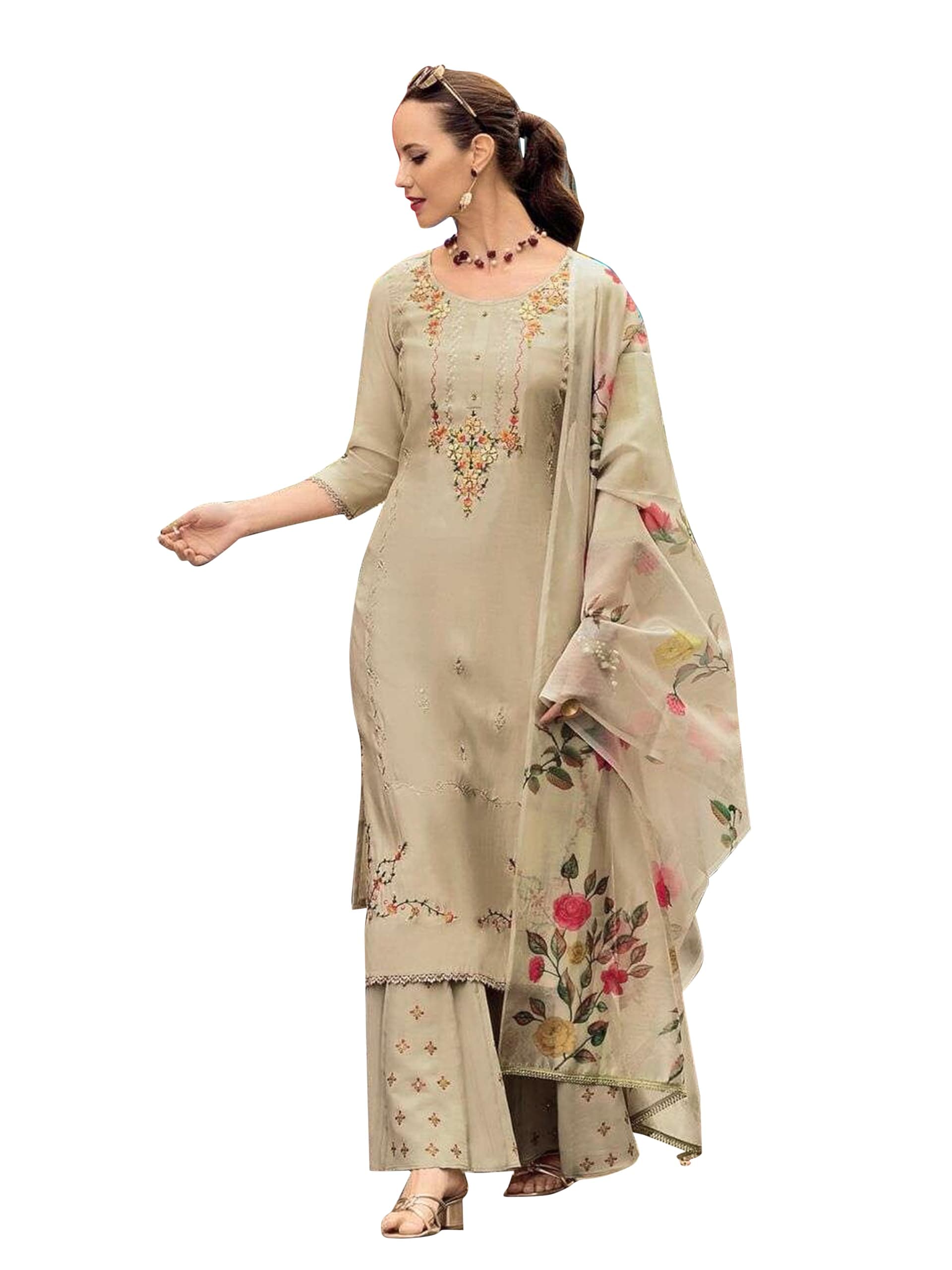 TRENDMALLS Women's Cotton Silk Hand Work Embroidery Kurta Palazzo Set with Printed Dupatta Salwar Suit Set For Women